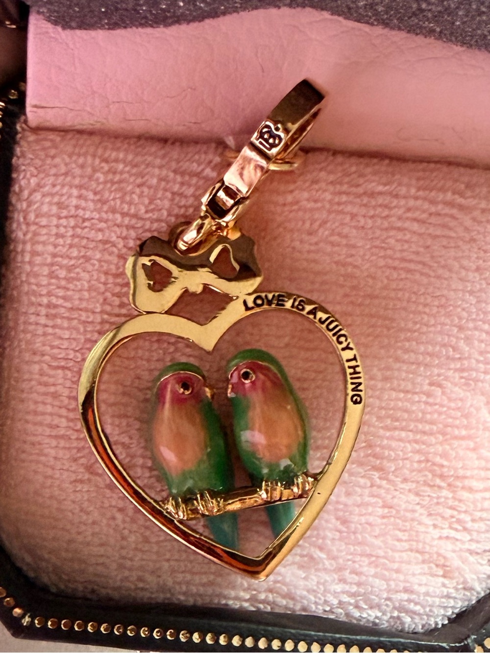 Juicy Couture Gold Tone Heart Parrot Charm with Pink and Green Enamel